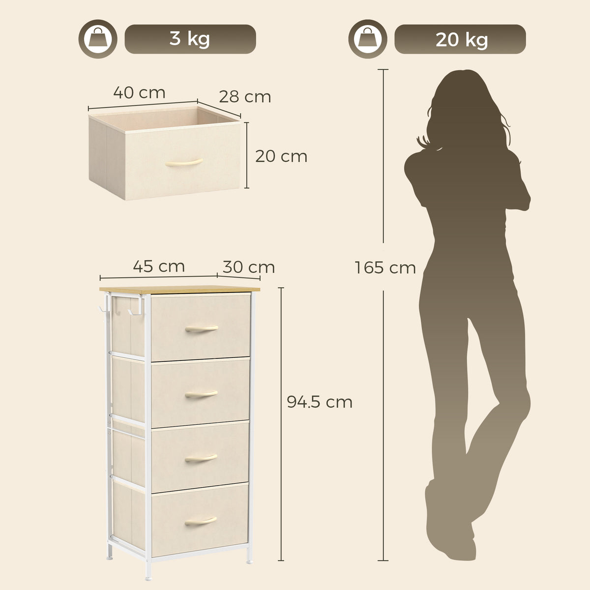 HOMCOM Chest of Drawers with 4 Fabric Drawers, Tall Storage Unit with 2 Hooks and Steel Frame for Bedroom, Beige
