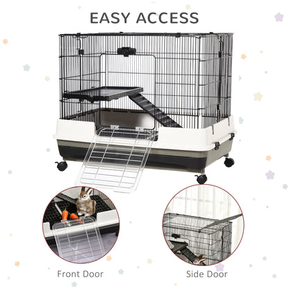 PawHut 2 Tier Rolling Small Animal Rabbit Cage Chinchillas Hutch Pet Play House with Platform Ramp Removable Tray 80 x 52.7 x 66 cm