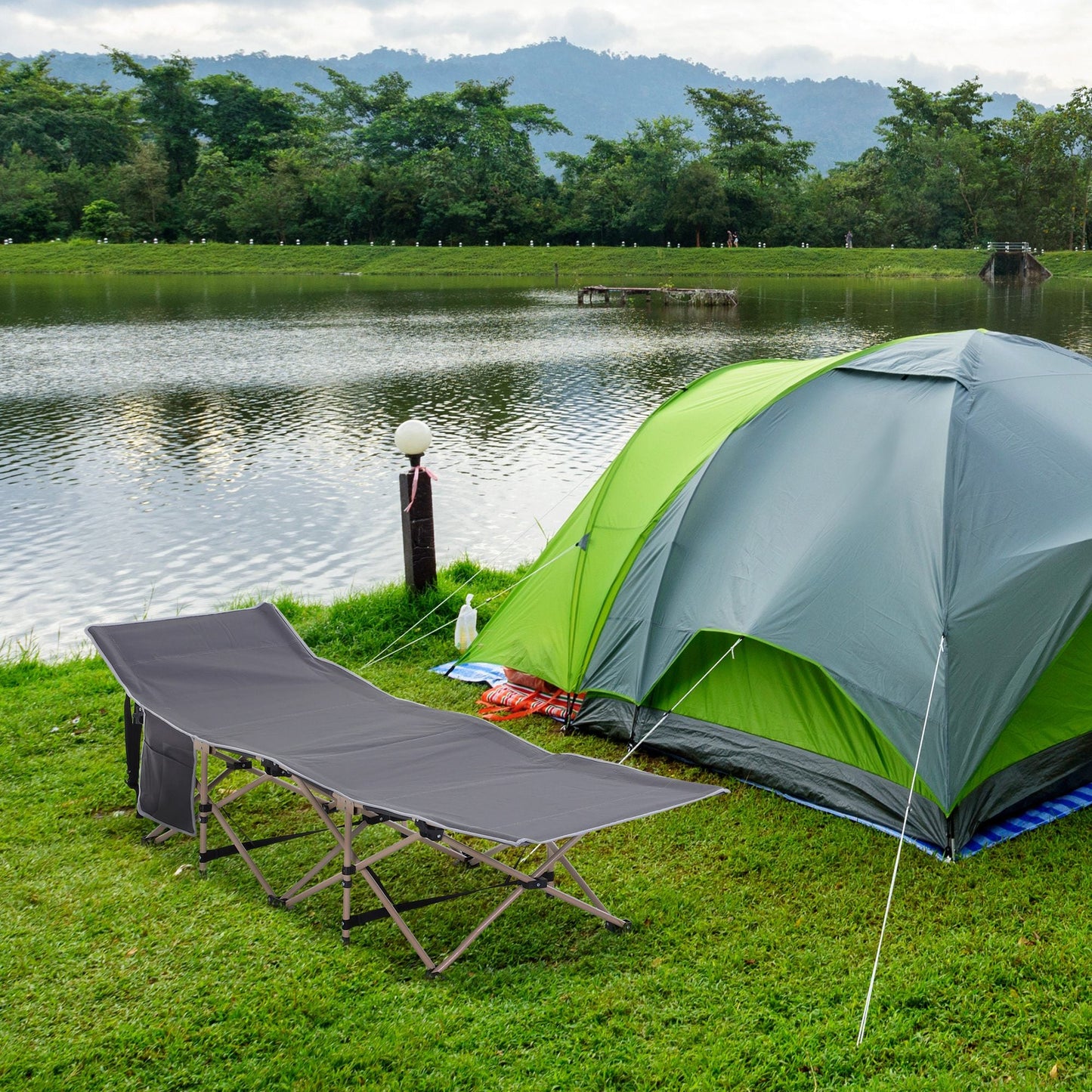 Outsunny Single Steel Frame Portable Camping Cot, with Carry Bag - Grey