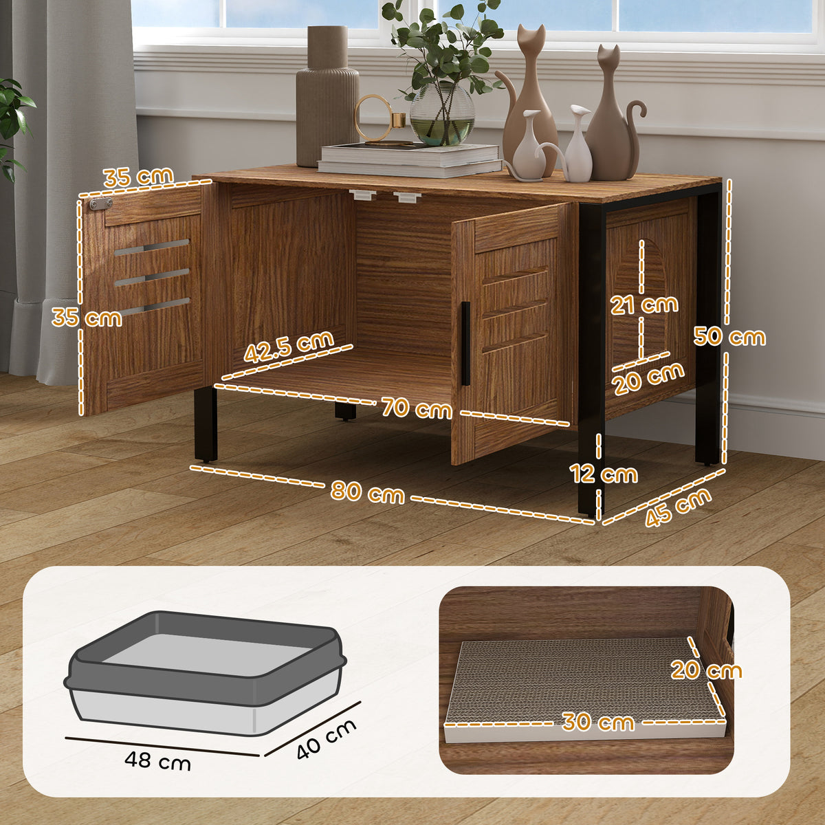 PawHut Cat Litter Box Enclosure with Tall Legs, Scratching Board, Double Doors, Ventilation Holes, 80 x 45 x 50 cm, Dark Brown