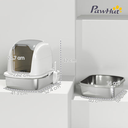 PawHut Stainless Steel Cat Litter Box with Lid, for Cats, Enclosed Cat Litter Box with Flip Cover, Scoop