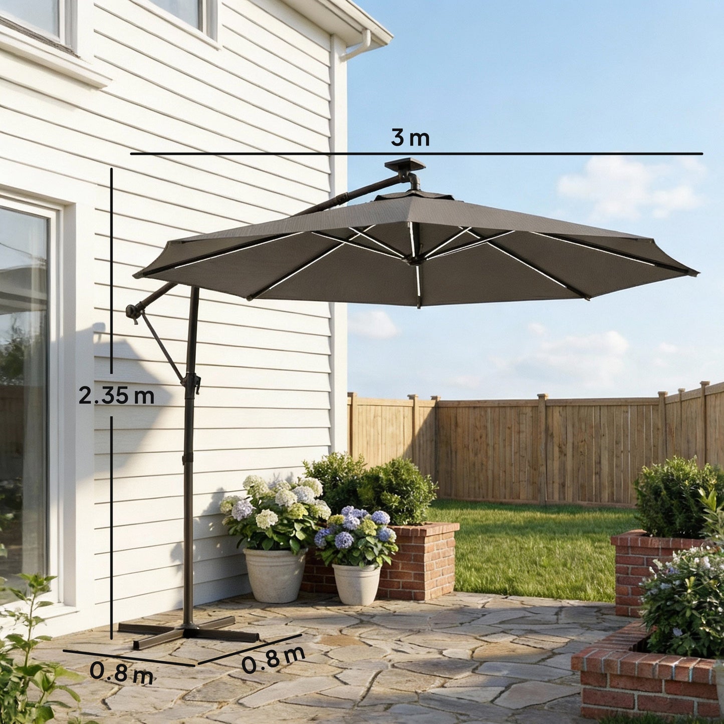 Outsunny 3 m Garden Cantilever Parasol with LED Solar Light, Round Overhanging Umbrella with 360 degrees Rotation, Cover, Grey