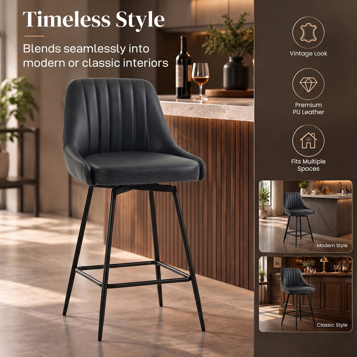 HOMCOM Bar Stools Set of 2, Swivel Counter Height Barstools with PU Leather, for Kitchen Island, Dining Room, Dark Grey