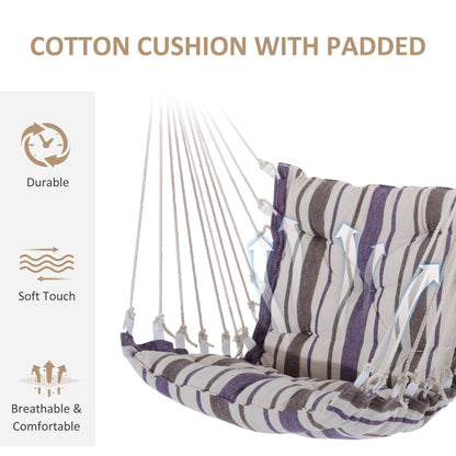 Outsunny Outdoor Hanging Rope Chair with Soft Padded Seat & Backrest, Garden Hammock Chair with Wooden Support Bar Cotton Cloth, Portable Garden Chair for Patio & Tree, Brown