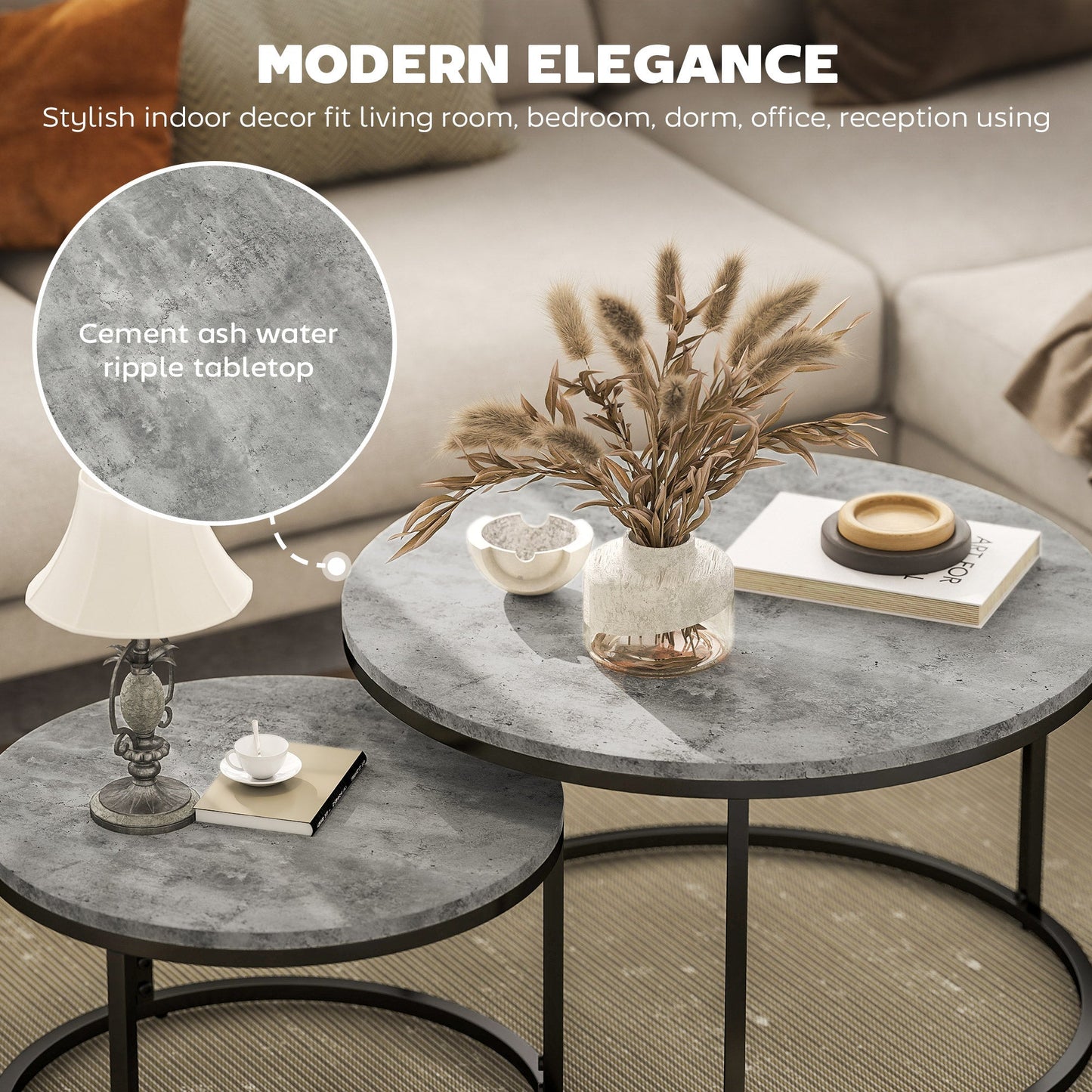 HOMCOM Set of Two Marble-Effect Stacking Tables - Grey/Black