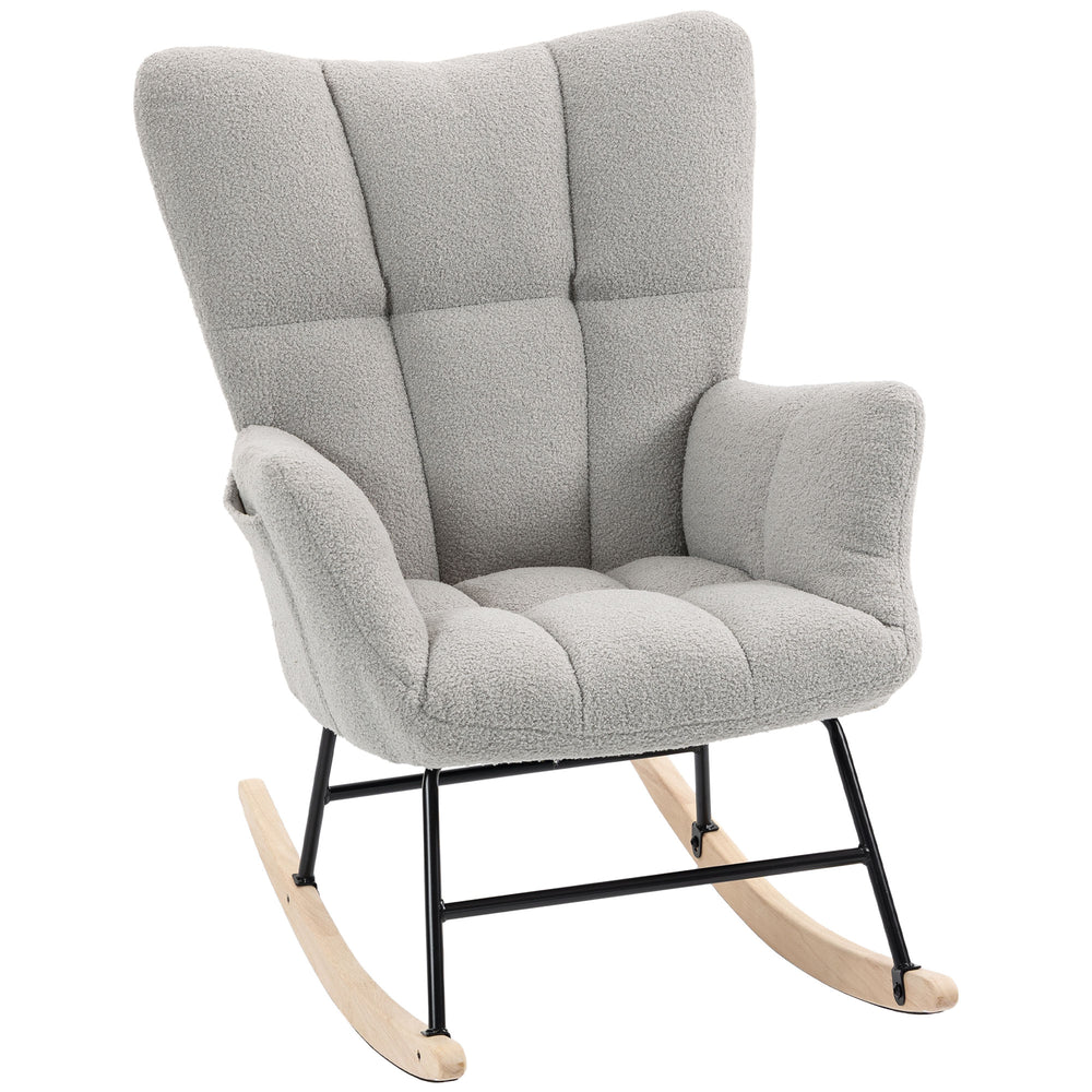 HOMCOM Rocking Chair, Teddy Fleece Rocker Chair with Tufted Wingback, Side Pockets, Rubber Wood Legs, Light Grey