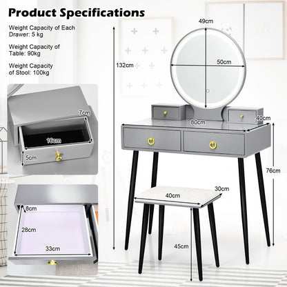 Wooden Dressing Table Set with Adjustable LED Mirror and Drawers-Grey