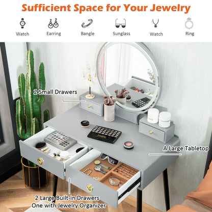 Wooden Dressing Table Set with Adjustable LED Mirror and Drawers-Grey