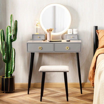 Wooden Dressing Table Set with Adjustable LED Mirror and Drawers-Grey