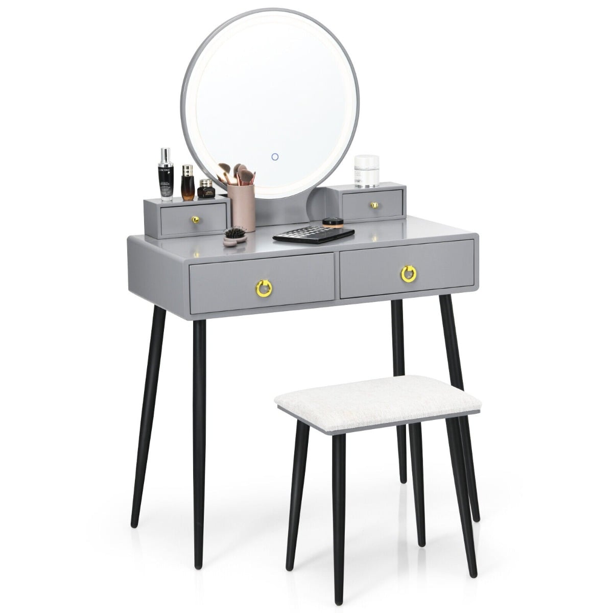 Wooden Dressing Table Set with Adjustable LED Mirror and Drawers-Grey