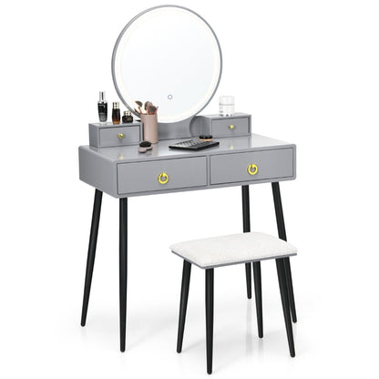 Wooden Dressing Table Set with Adjustable LED Mirror and Drawers-Grey