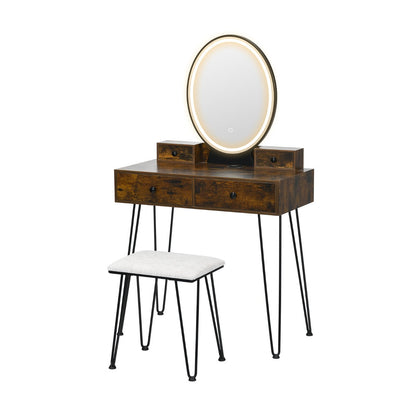 Vanity Table Set with 3-Color Lighted Dimmable Mirror-Rustic Brown