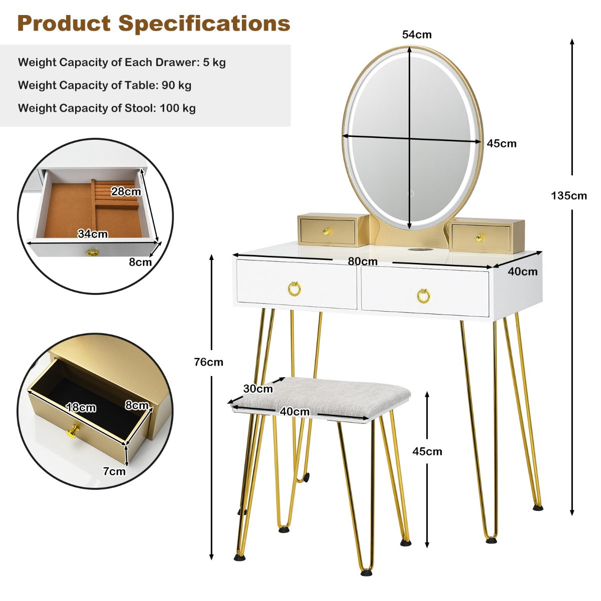 Vanity Table Set with 3-Color Lighted Dimmable Mirror-White