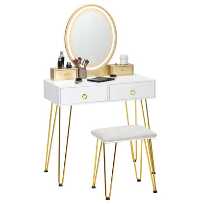 Vanity Table Set with 3-Color Lighted Dimmable Mirror-White