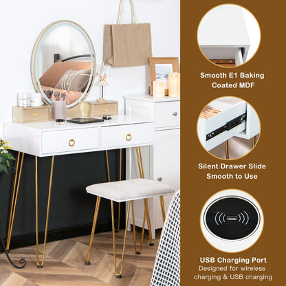 Vanity Table Set with 3-Color Lighted Dimmable Mirror-White