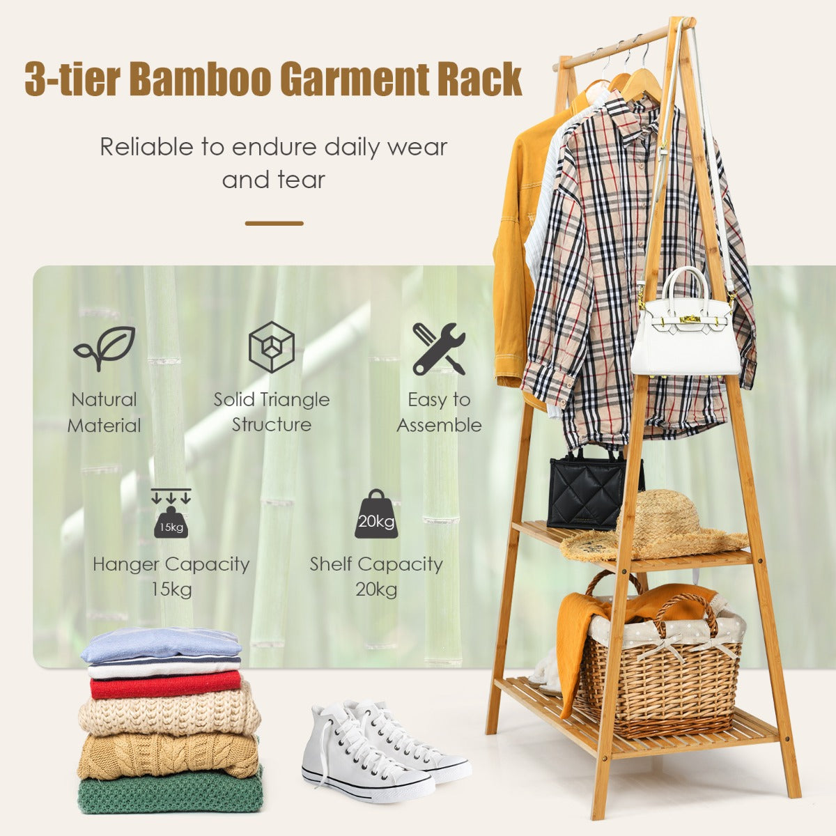 Bamboo Garment Rack with Hanging Rod & 2 Storage Shelves