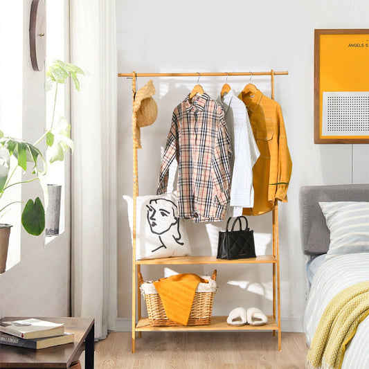Bamboo Garment Rack with Hanging Rod & 2 Storage Shelves
