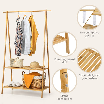 Bamboo Garment Rack with Hanging Rod & 2 Storage Shelves