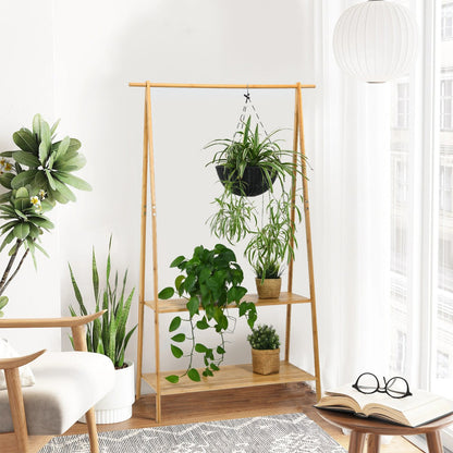 Bamboo Garment Rack with Hanging Rod & 2 Storage Shelves
