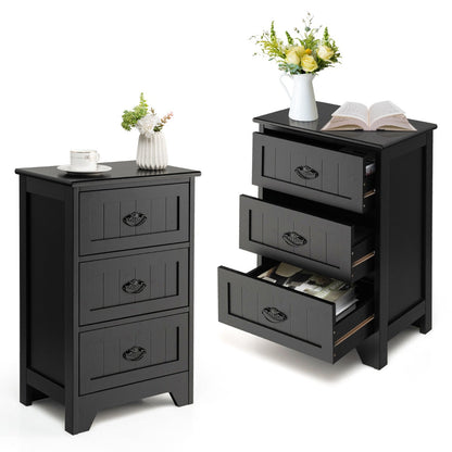 3-Drawer Vintage Bedside Table with Metal Handles & Anti-toppling Device-Black