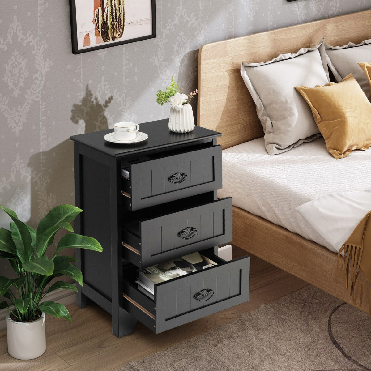 3-Drawer Vintage Bedside Table with Metal Handles & Anti-toppling Device-Black