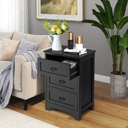3-Drawer Vintage Bedside Table with Metal Handles & Anti-toppling Device-Black