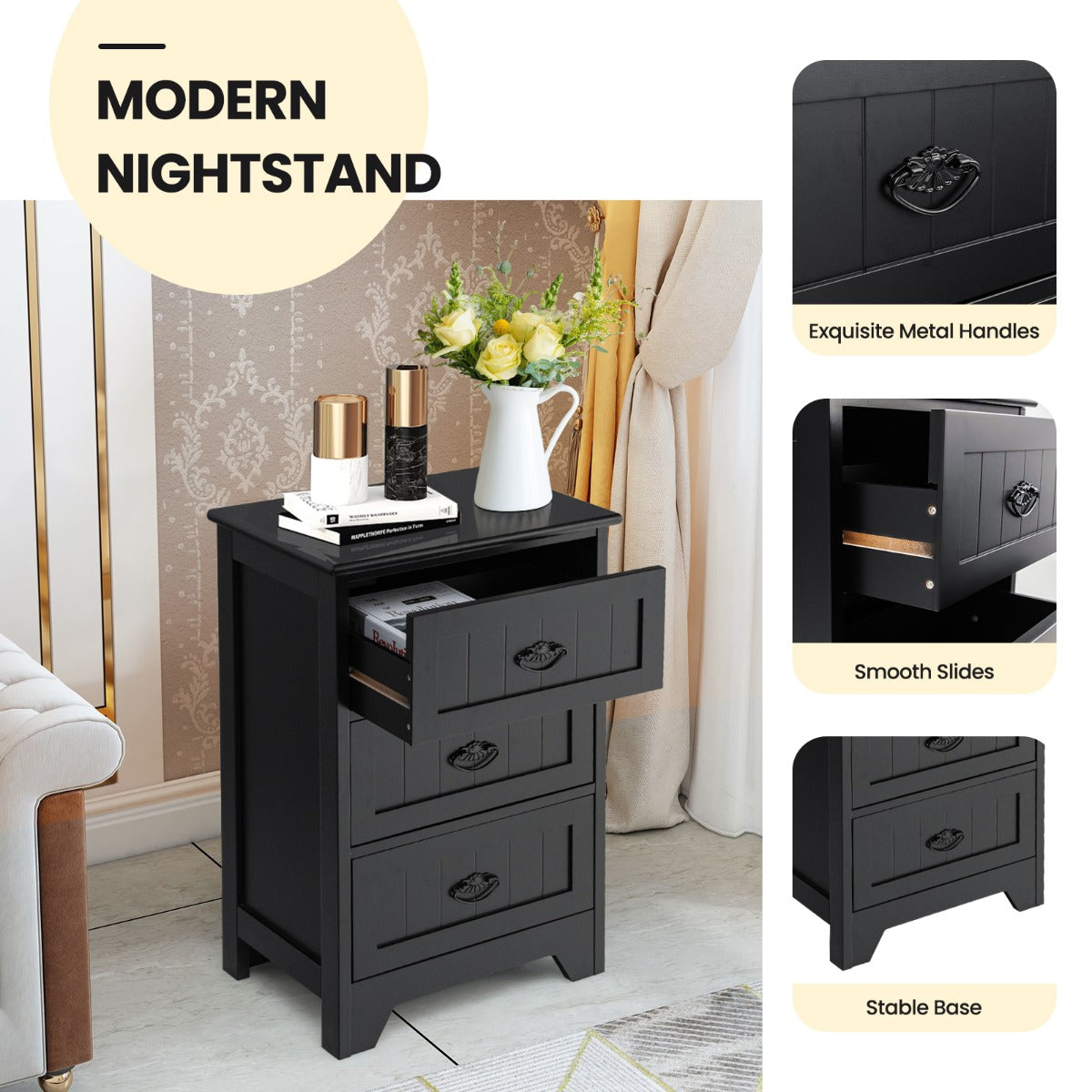 3-Drawer Vintage Bedside Table with Metal Handles & Anti-toppling Device-Black