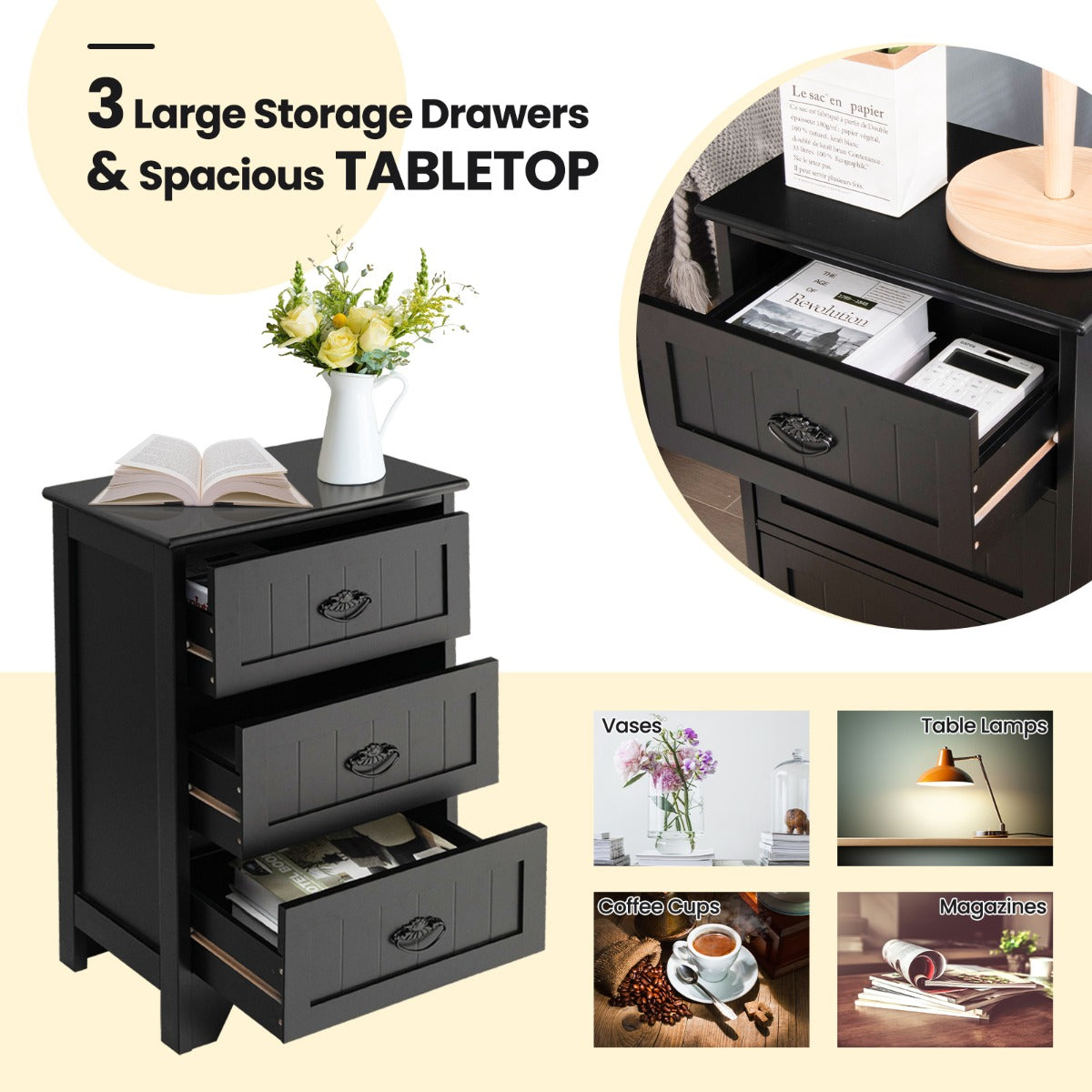 3-Drawer Vintage Bedside Table with Metal Handles & Anti-toppling Device-Black
