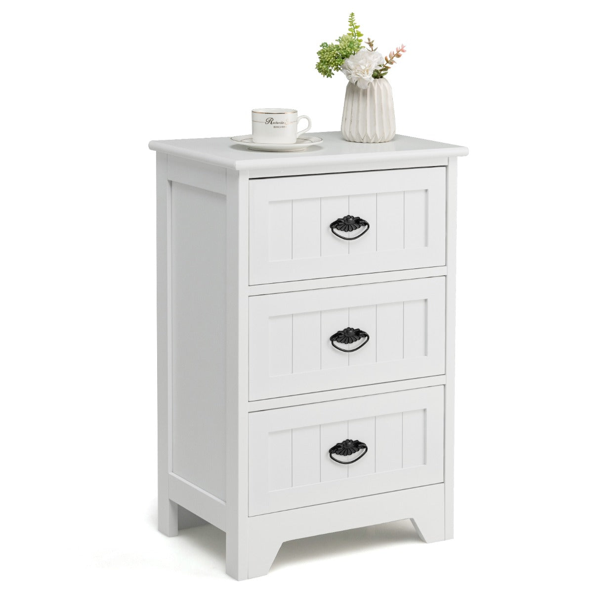 3-Drawer Vintage Bedside Table with Metal Handles & Anti-toppling Device-White