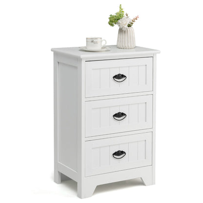 3-Drawer Vintage Bedside Table with Metal Handles & Anti-toppling Device-White