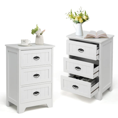 3-Drawer Vintage Bedside Table with Metal Handles & Anti-toppling Device-White