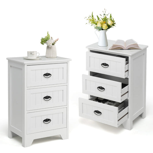 3-Drawer Vintage Bedside Table with Metal Handles & Anti-toppling Device-White