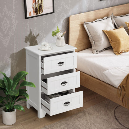 3-Drawer Vintage Bedside Table with Metal Handles & Anti-toppling Device-White