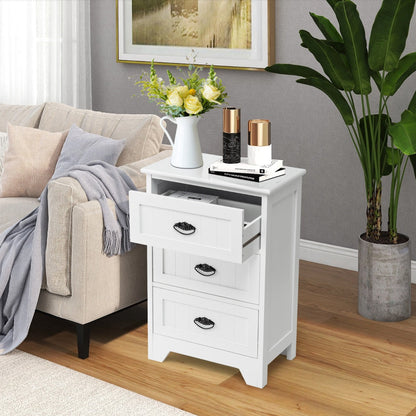 3-Drawer Vintage Bedside Table with Metal Handles & Anti-toppling Device-White
