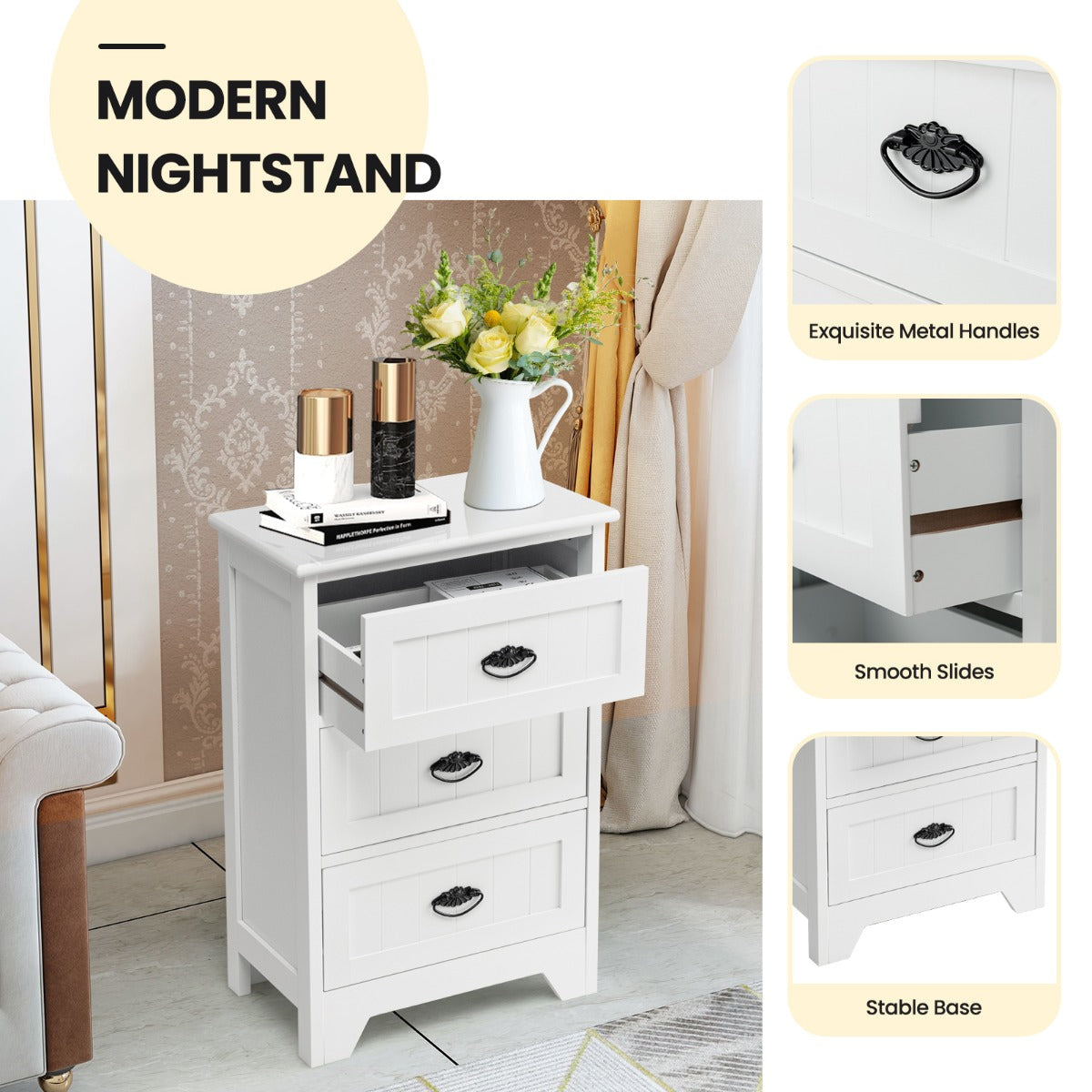 3-Drawer Vintage Bedside Table with Metal Handles & Anti-toppling Device-White