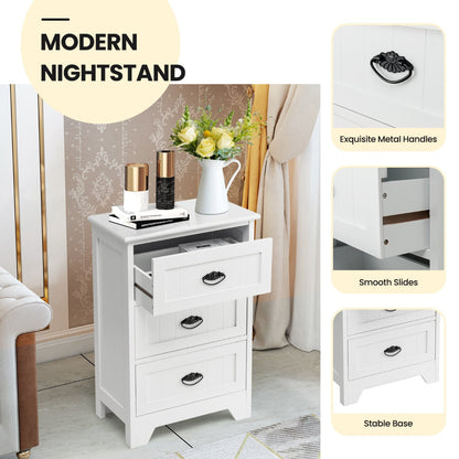 3-Drawer Vintage Bedside Table with Metal Handles & Anti-toppling Device-White