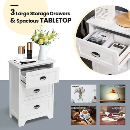 3-Drawer Vintage Bedside Table with Metal Handles & Anti-toppling Device-White