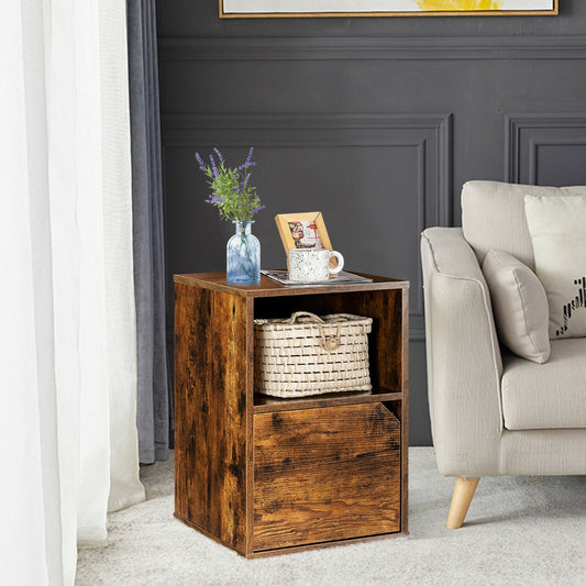 Set of 2 Wooden Bedside Tables with Open Shelf and Door-Brown