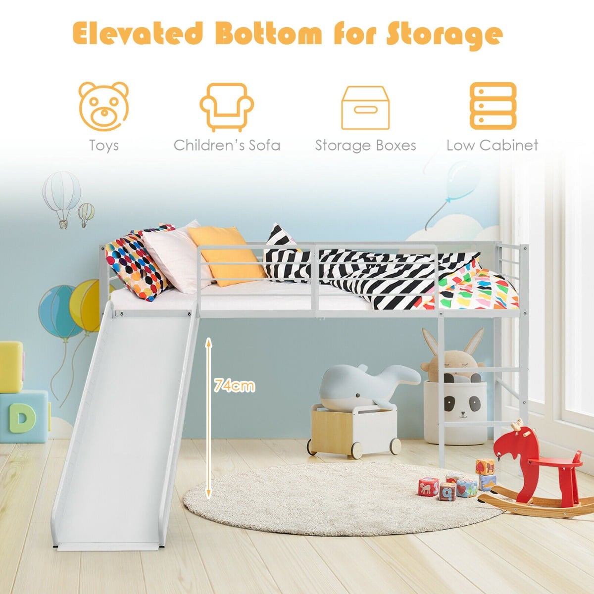 Sliding Loft Children Single Bed with Stairs and Safety Guardrails-White