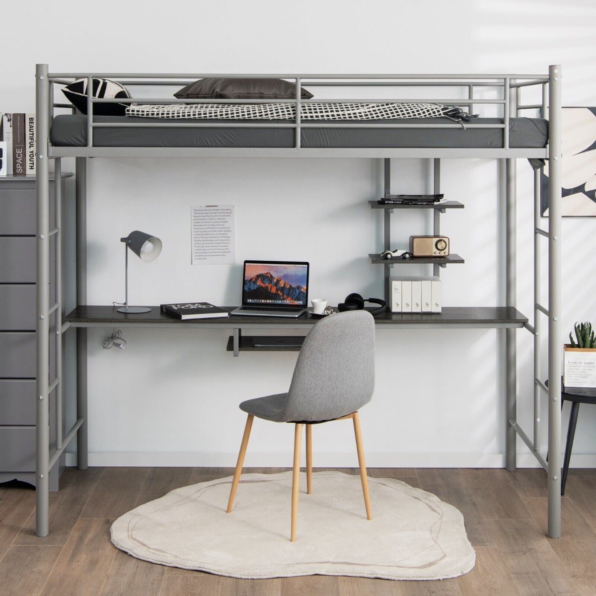 Metal Bunk Bed Frame High Sleeper with Desk and Storage Shelves-Silver