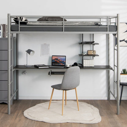 Metal Bunk Bed Frame High Sleeper with Desk and Storage Shelves-Silver