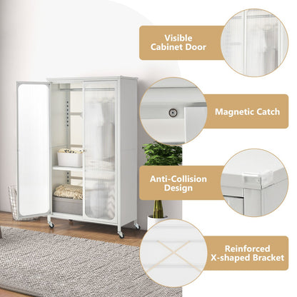 Rolling Storage Armoire Closet with Hanging Rod and Adjustable Shelf-White