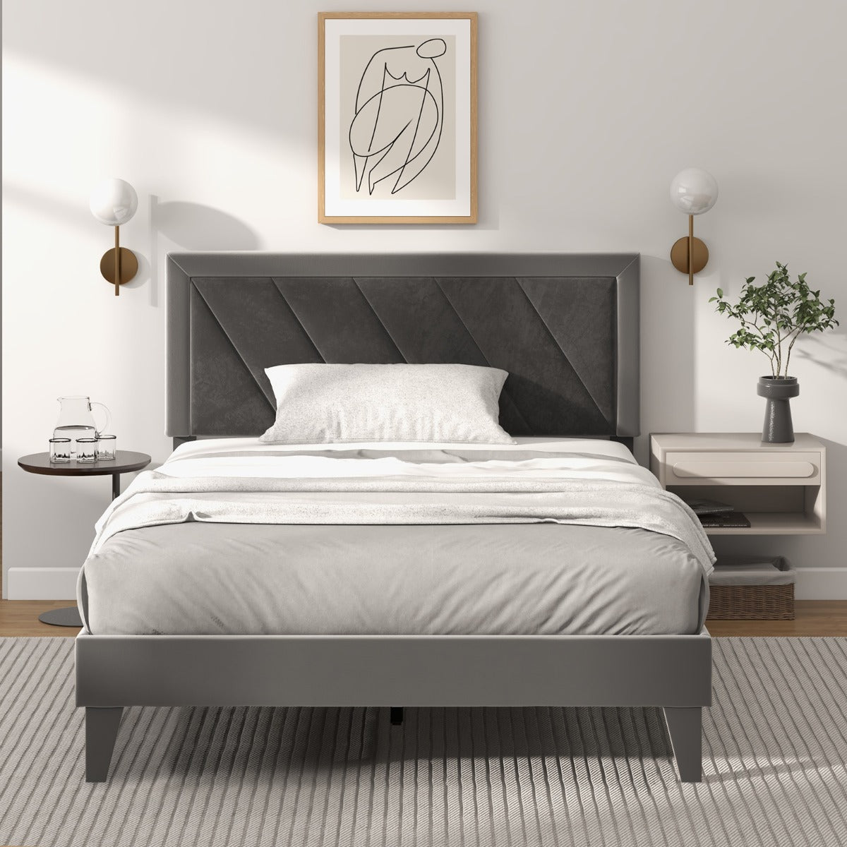Single/Double Platform Bed with High Headboard &amp;12 Wooden Slats-Double Size