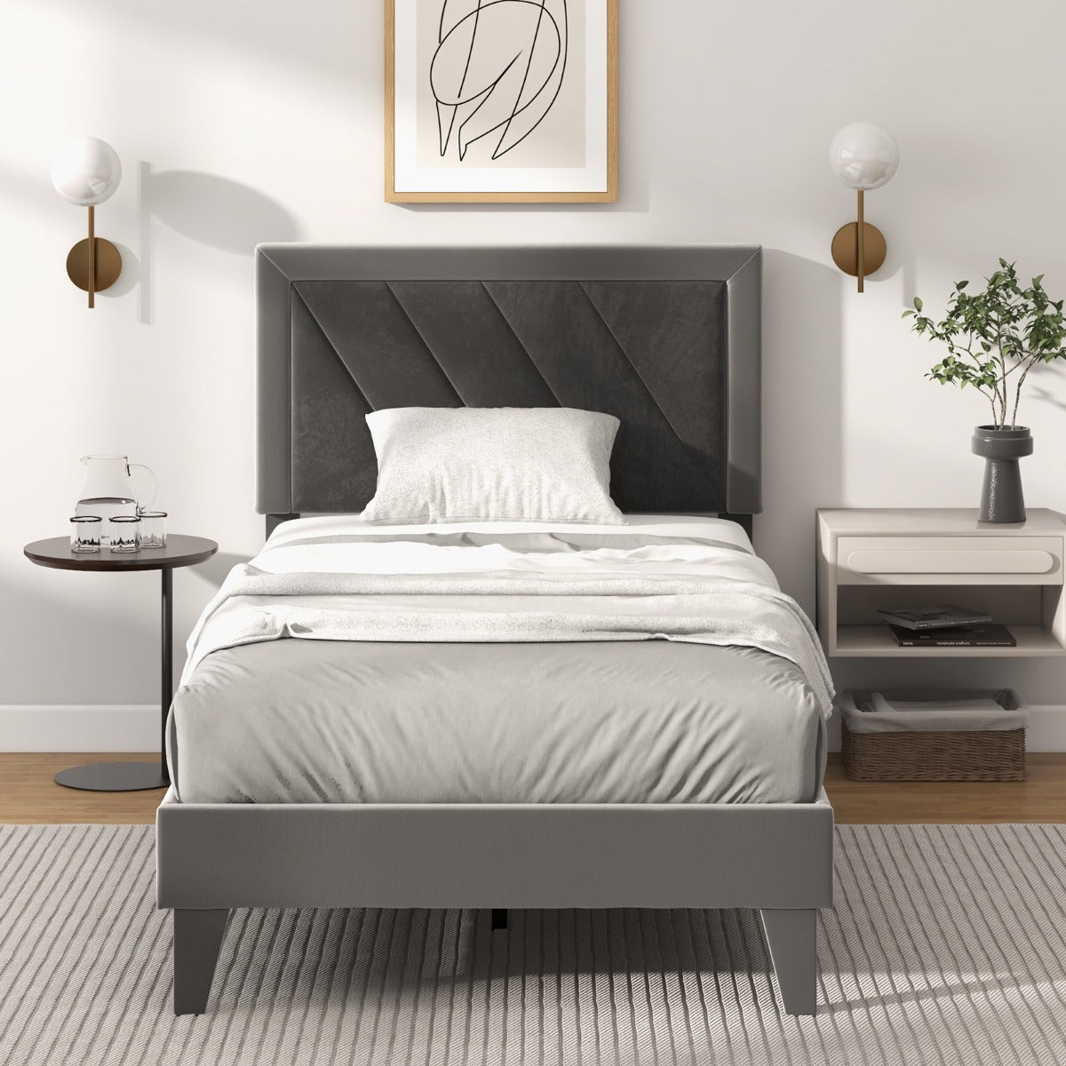 Single/Double Platform Bed with High Headboard &amp;12 Wooden Slats-Single Size