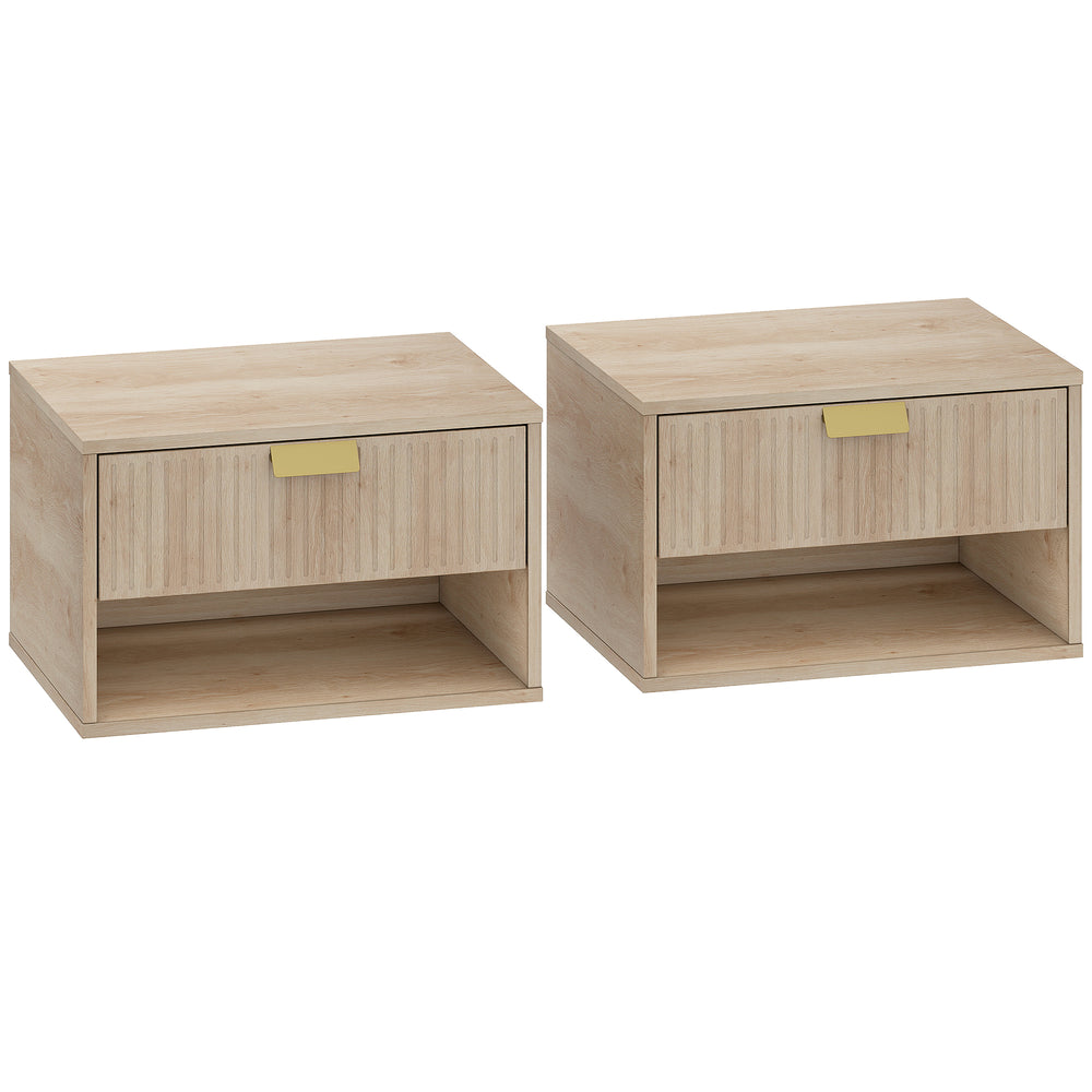 HOMCOM Set of 2 Wall Mounted Nightstands, Floating Bedside Tables with Fluted Drawer and Open Shelf for Small Bedroom, Oak