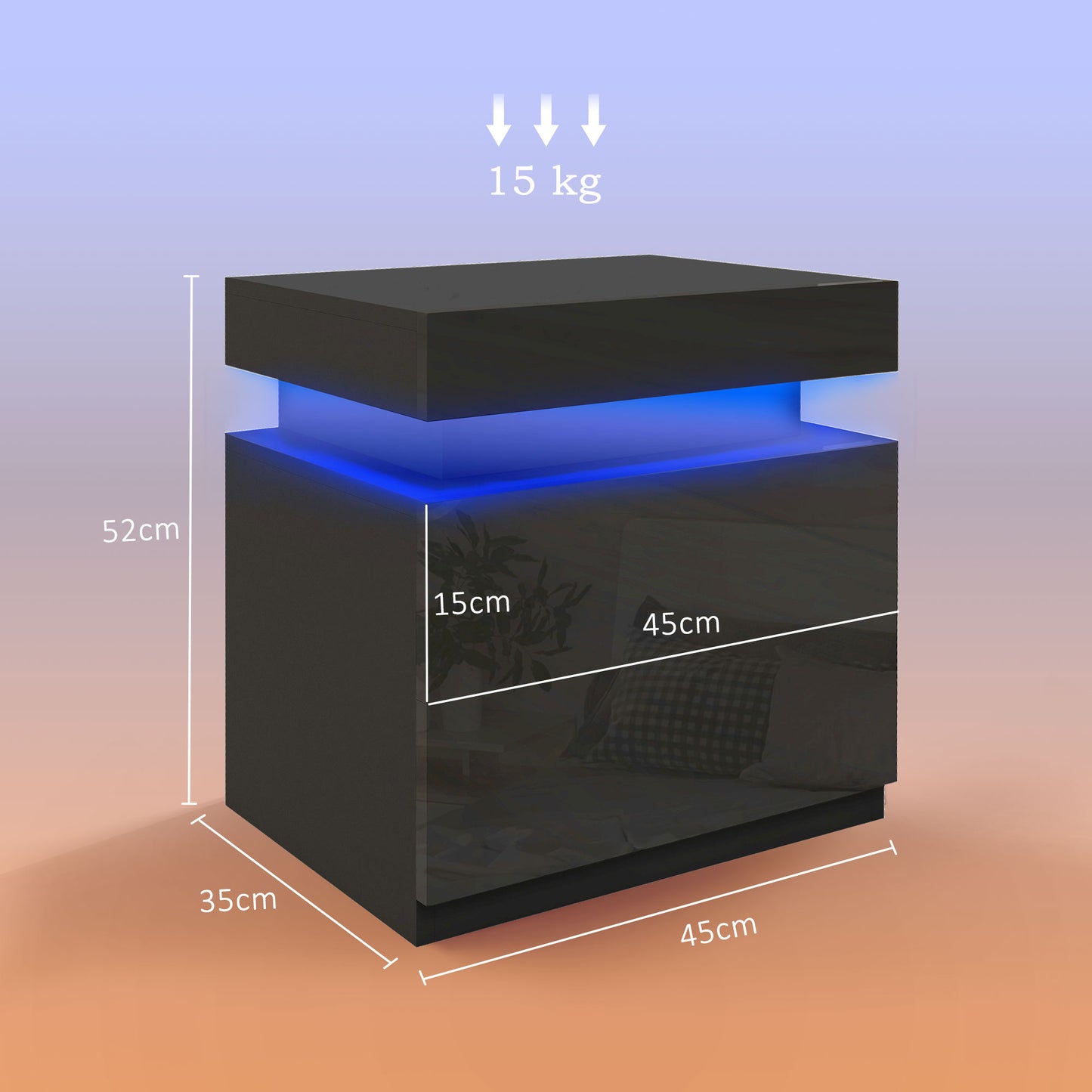 HOMCOM High Gloss Front Bedside Tables Set of 2, Nightstands with RGB LED Light and 2 Drawers, Chest of Drawers for Bedroom, Living Room, Black