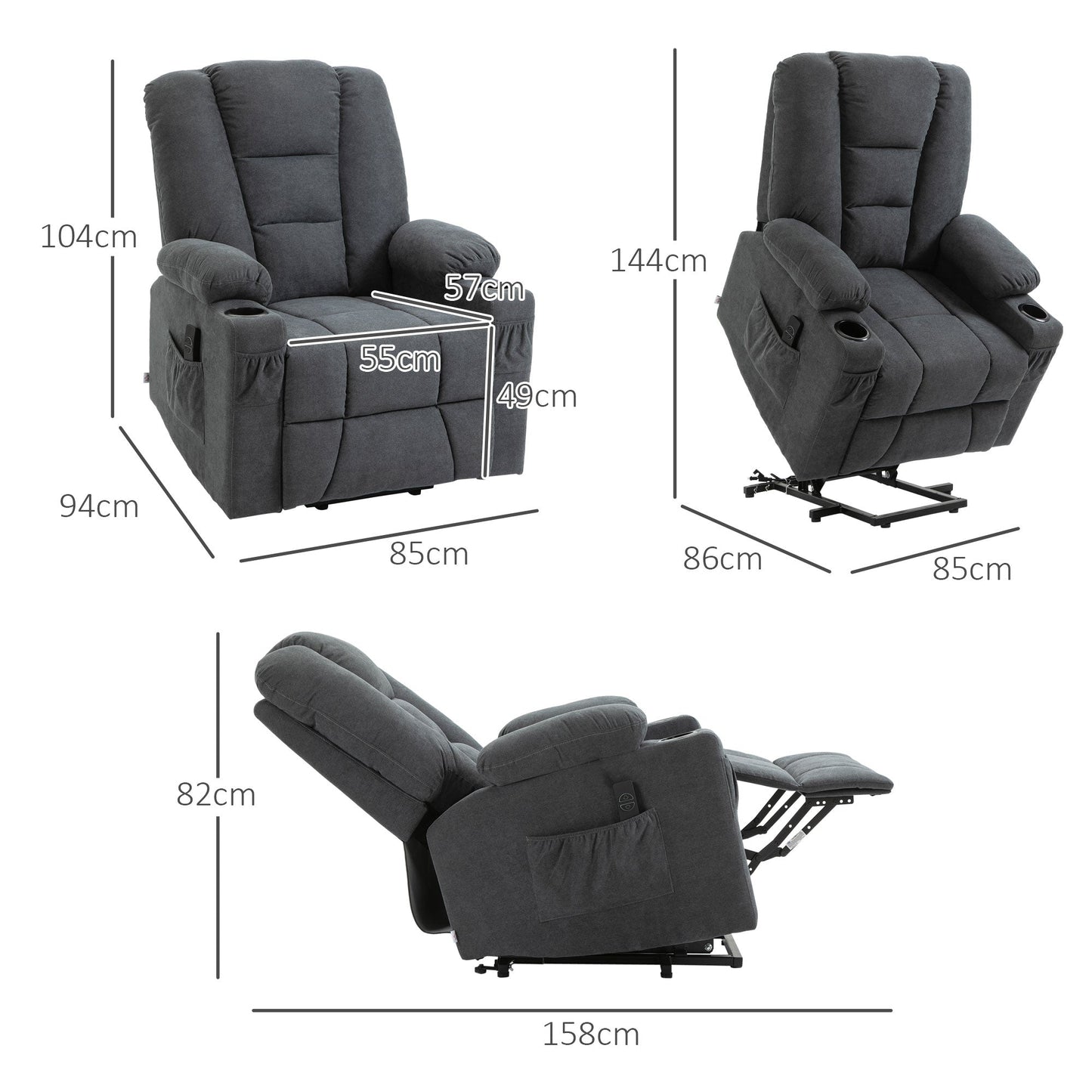 HOMCOM Electric Riser Recliner Armchair√Ø¬º≈í Oversized Chair with Cup Holder & Side Pockets for Elderly in Living Room, Charcoal Grey