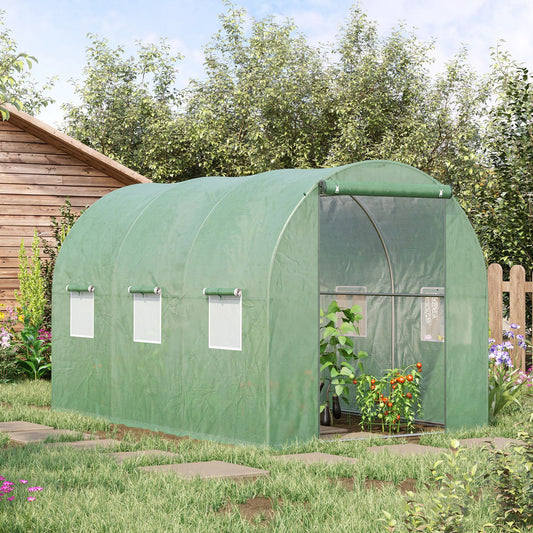Outsunny Walk-in Polytunnel Greenhouse, Outdoor Garden Tunnel Greenhouse Tent with Zipped Roll-Up Door, Green