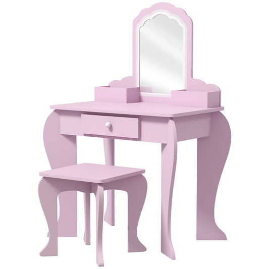 ZONEKIZ Kids Vanity Table with Mirror, Stool, Drawer, Storage Boxes, Cloud Design, for Ages 3-6 Years - Pink