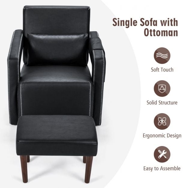 Modern Berber Fleece Single Sofa Chair with Ottoman and Waist Pillow-Black